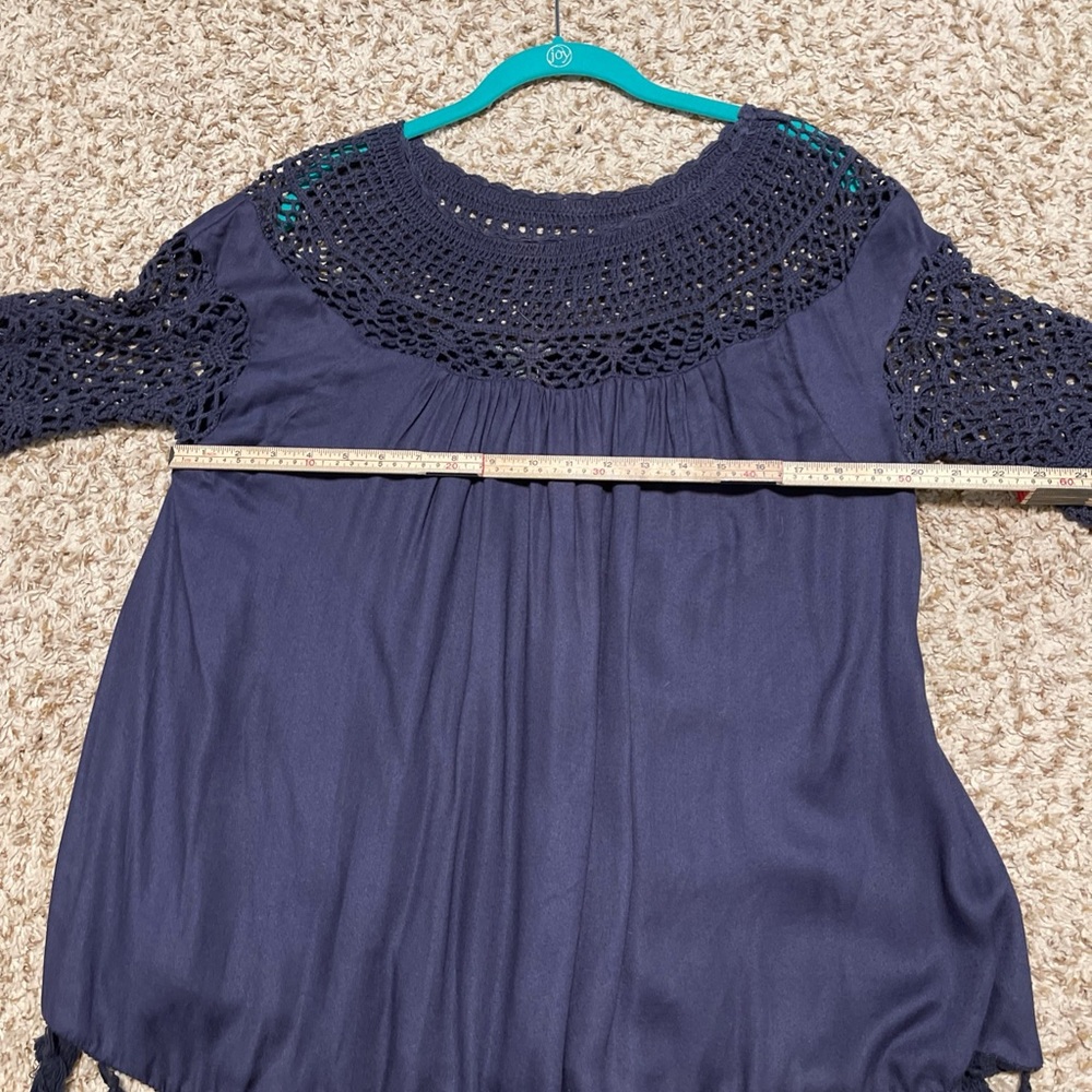 Chelsea & Theodore Blue Crochet Lace Peasant Top Tassel Hem Boho Festival Large - Picture 4 of 6
